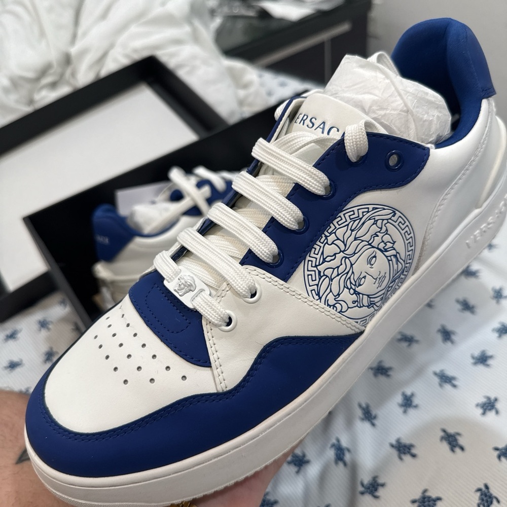 Versace Medusa Blue and White Leather Sneakers